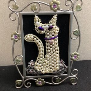 Hand made pearl cat purple pearls flowers wall art mantelpiece gift framed